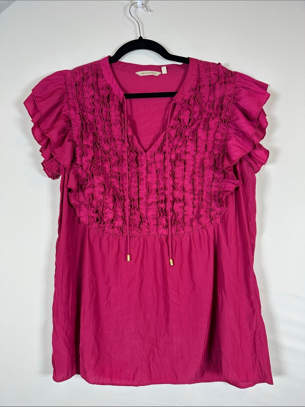 Ruffle-Trim V-Neck Blouse in Fuchsia soft surroundings xl